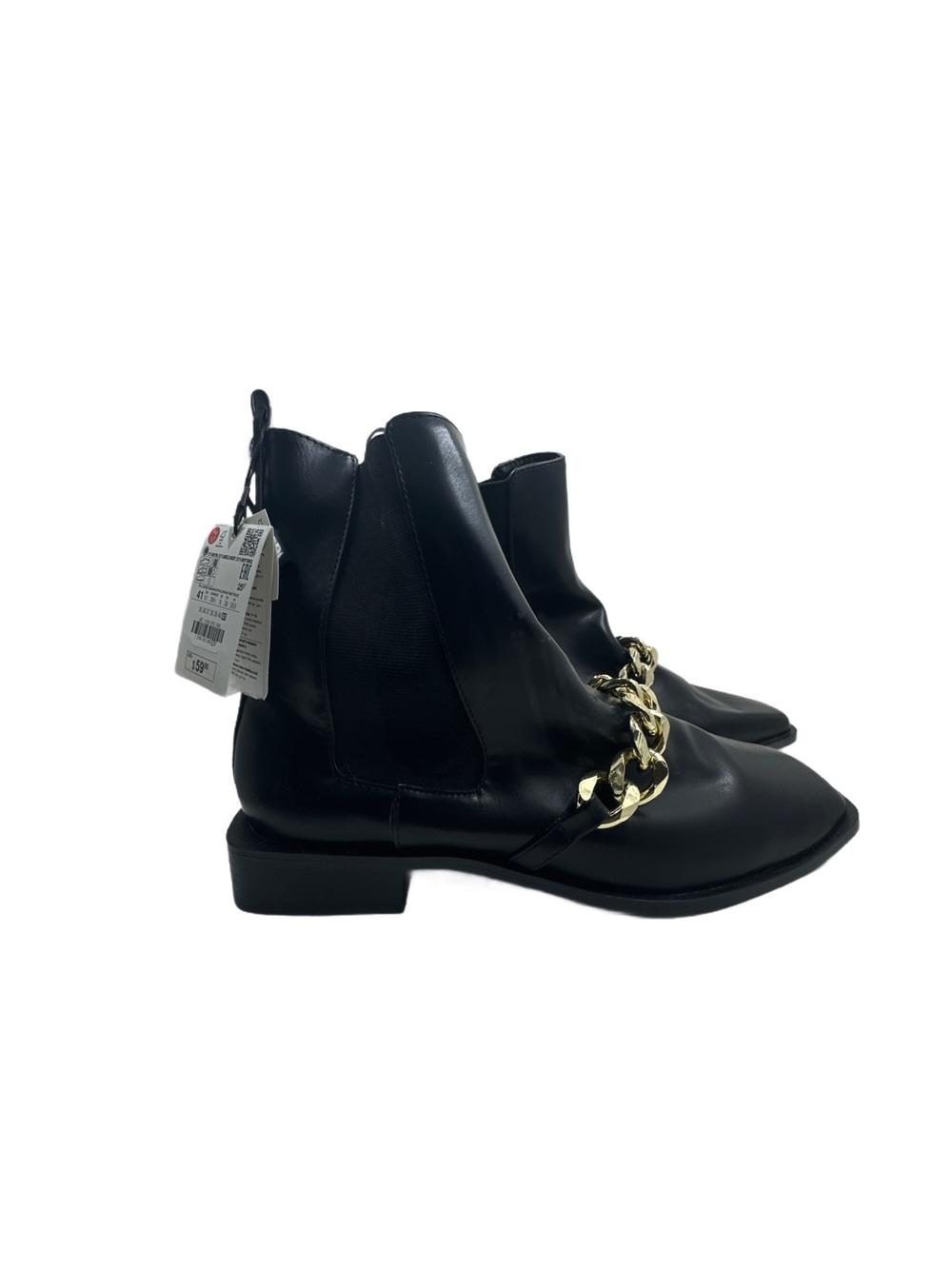 Fall ready! Zara Black Leather Chelsea Ankle Boots with Gold Chain